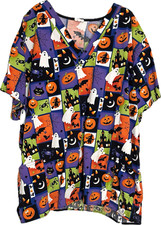 Halloween Scrub Short Sleeve V-Neck Sz 3XL Pockets Cotton Ghost Pumpkin Colorful