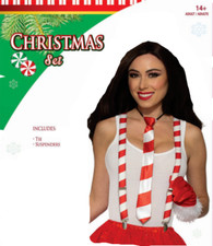 CHRISTMAS NECK TIE  SUSPENDERS SET Red White Candy Cane Adult Costume Santa Elf