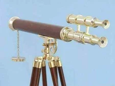 39" Vintage Nautical Brass Floor Standing Telescope With Wooden Tripod Stand