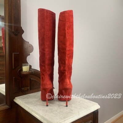 ○★新品 未使用 Christian Louboutin ウーリトスウィング Christian Louboutin Vitish 100 Carmin Red Suede Knee Boots