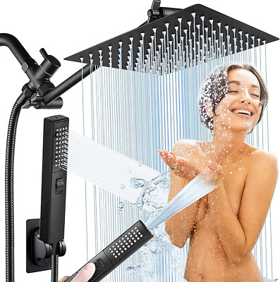 10'' Black Rainfall Shower Head Set Bathroom 2 Functions Hand Spray Faucet