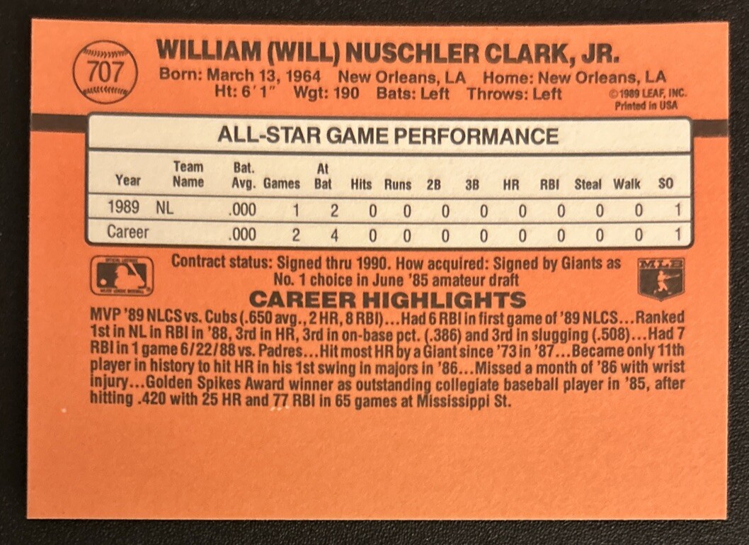 1990 Donruss Will Clark All Star Baseball Card #707 Giants 1B VGEX
