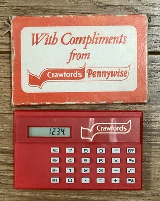 Vintage Taschenrechner Crawfords Pennywise Werbeartikel. Sehr selten. funktionstüchtig 80er Jahre