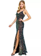 Sequin Multicolor Maxi Dress Leg Slit Evening Formal Gown Prom Wedding Guest