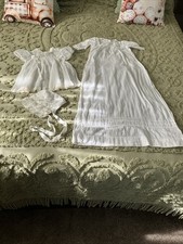 Vintage Infant Christening Set White Gown Chemise Cover Bonnet Lace Ribbon Trim