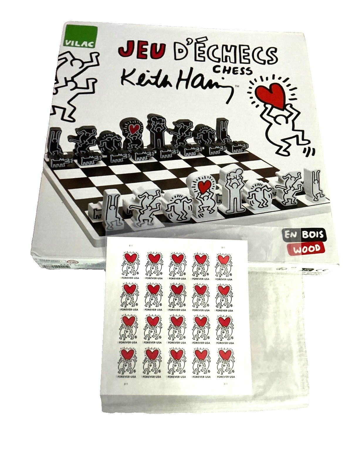 Keith Haring Monochrome Ltd Wooden Chess Set USPS Forever Keith Haring Stamps