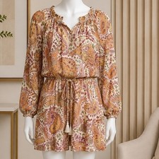 Lush Womens Dress Paisley Boho Tassel Long Sleeve Mini Small