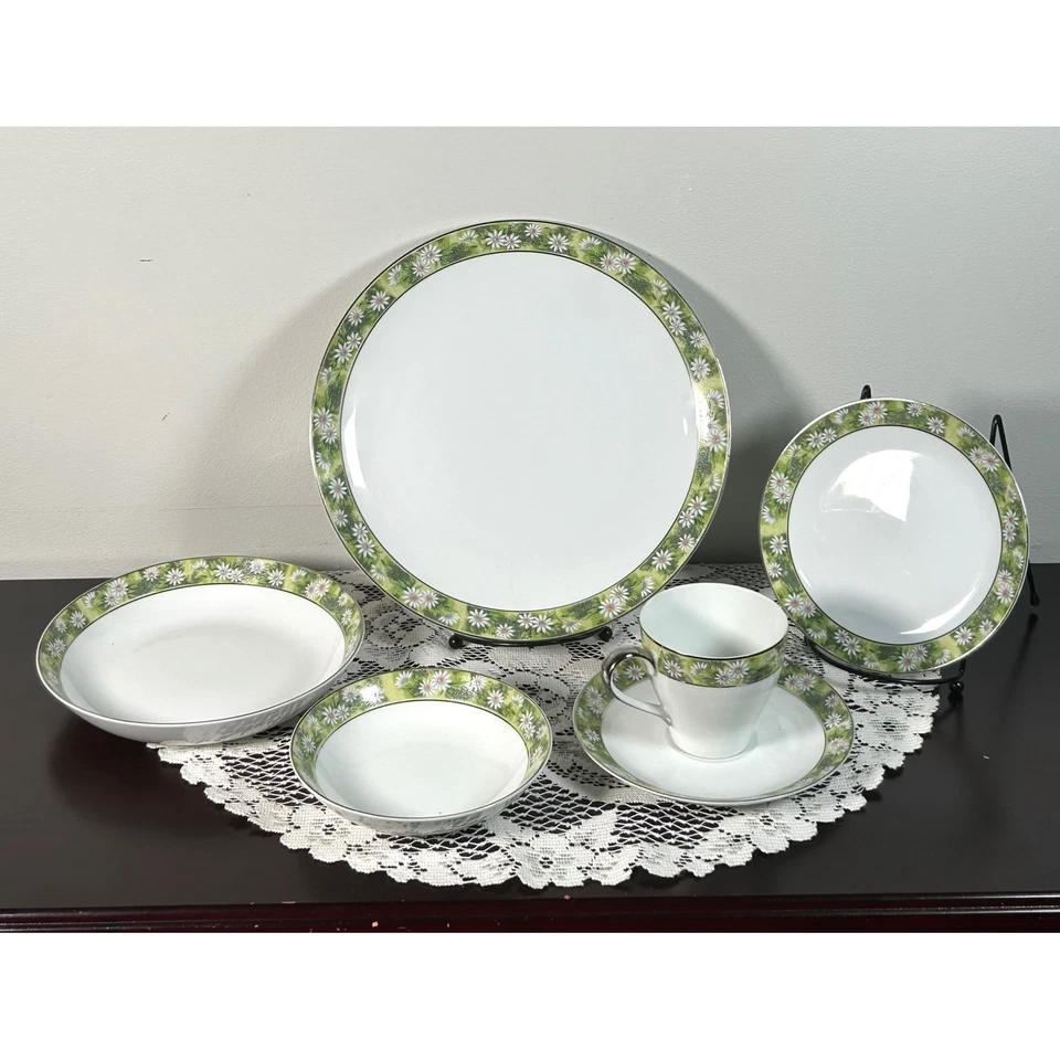 Vajilla Mikasa Marianne floral verde margarita blanco plata #2 6 piezas Foto 2 de 4