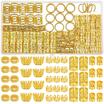 110 Pcs Gold Hair Jewelry for Braids and Dreadlocks - Metal Rings, Cuffs, Clips