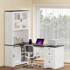 L Shaped Executive Desk with Hutch&Drawers Home Office Desk w/Power Outlet Withe