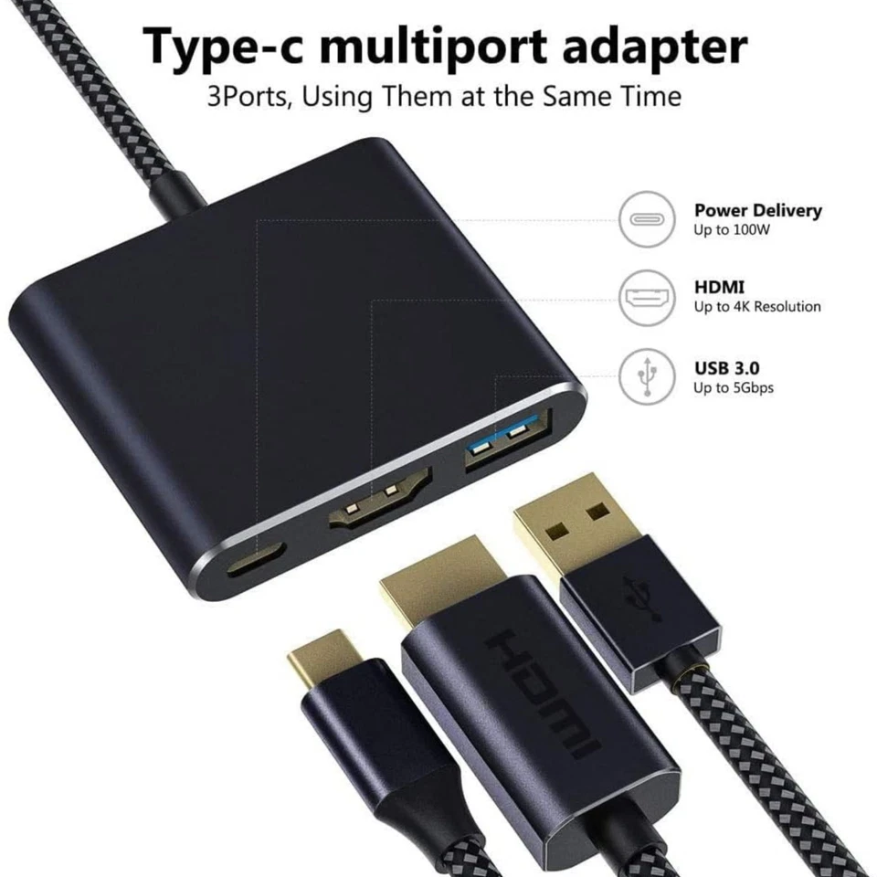 QCEs USB Type C to HDMI Adapter 3-in-1 USB-C Hub Digital AV Adapter, Black - Image 2 of 4