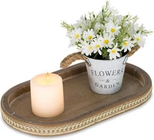 Side Decorative Serving Tray Wood: Brown Bead Oval Tray