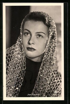 Postcard of actress Ilse Werner in a scarf with rhinestones