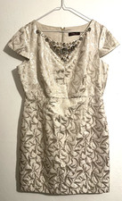 ELIZA J Gold/Ivory Brocade Dress Medium Rhinestones Cap Sleeve Evening/Occasion
