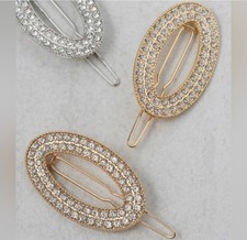 2 PC Elegant Gold Toned Oval Rhinestone Hair Clips BNIB