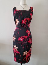 Black And Red Floral Pencil Dress. Size 10. Square Neckline. Vintage Vibes