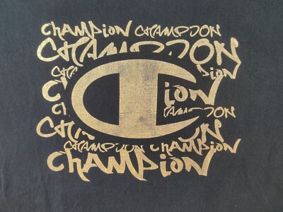 Champion Black T Shirt Mens M Short Sleeve Crew Neck Gold Glitter Graphic  Tee