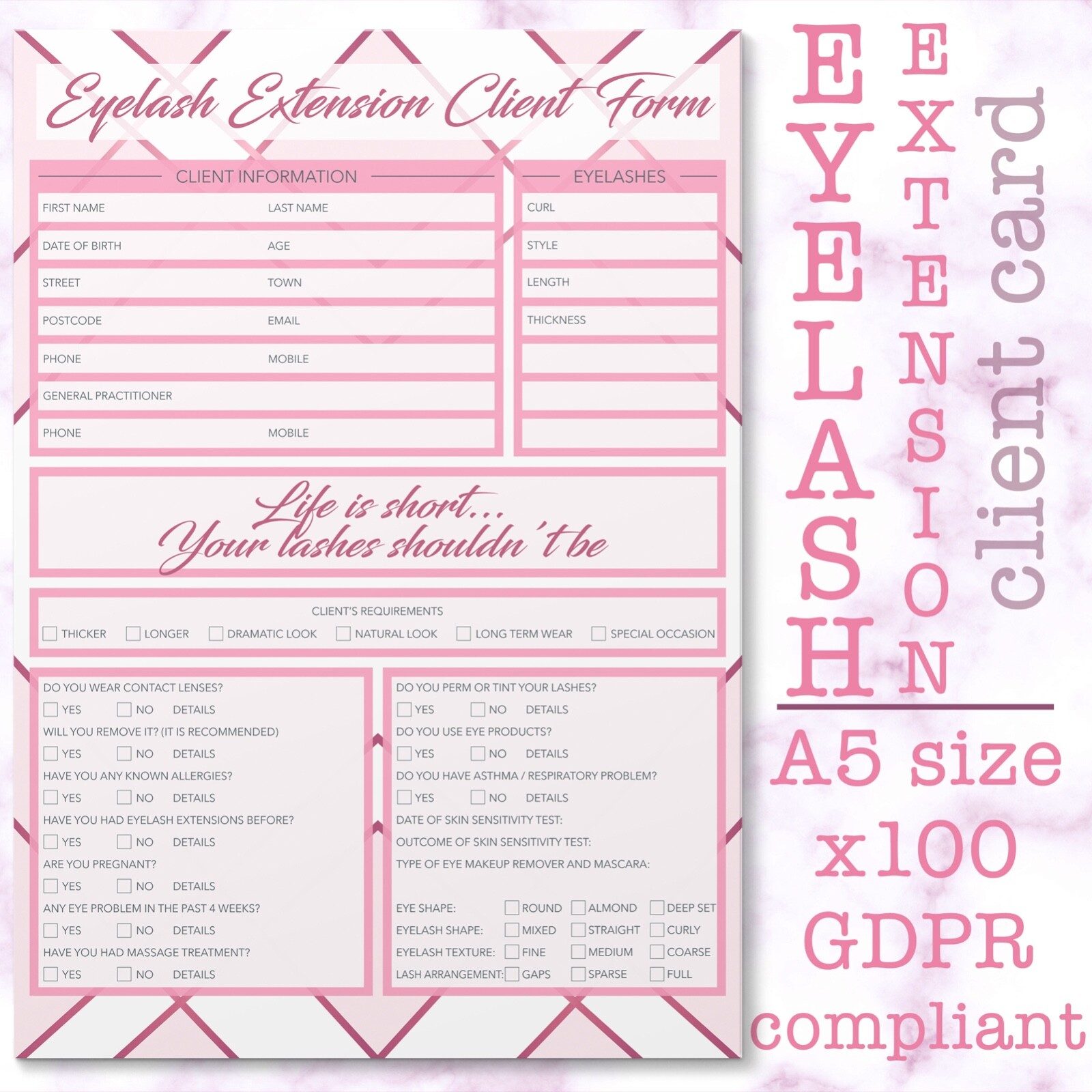 Eyelash Extension Client Record Card Form PREMIUM Consultation A5 GDPR x100