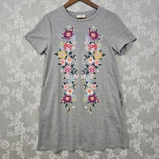 Umgee Embroidered Floral T-Shirt Dress Women Small Gray Knit Casual Pockets Boho