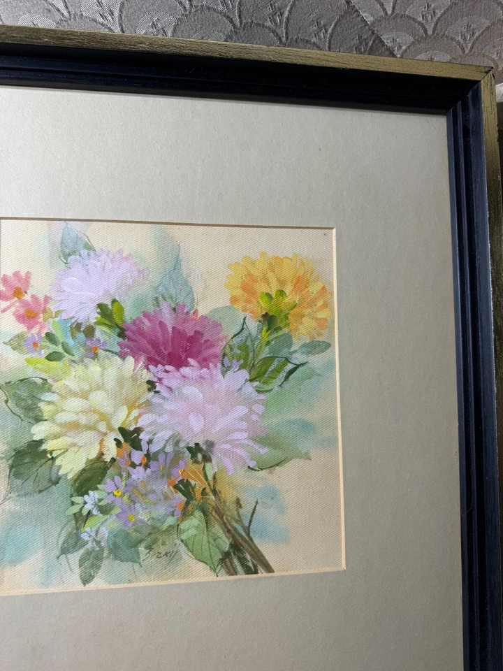 Pintura em aquarela e guache Borys Buzkij "cena floral" #1 - Assinado/emoldurado - Imagem 3 de 4