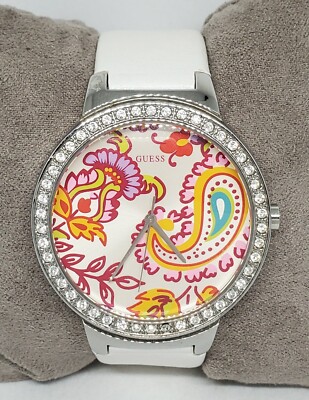 Ladies Guess Paisley Dial Crystal Bezel Big Face Quartz Analog Watch G75991L C7