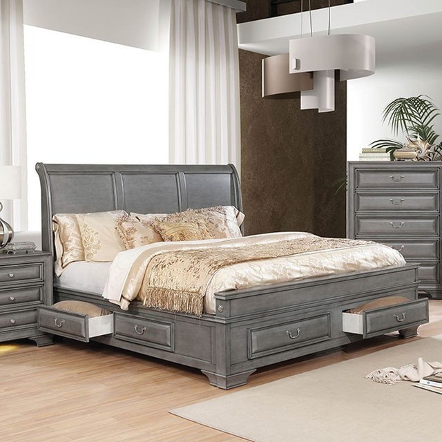 Modern Gray Color 4pc King Size Storage Bedroom Set Headboard
