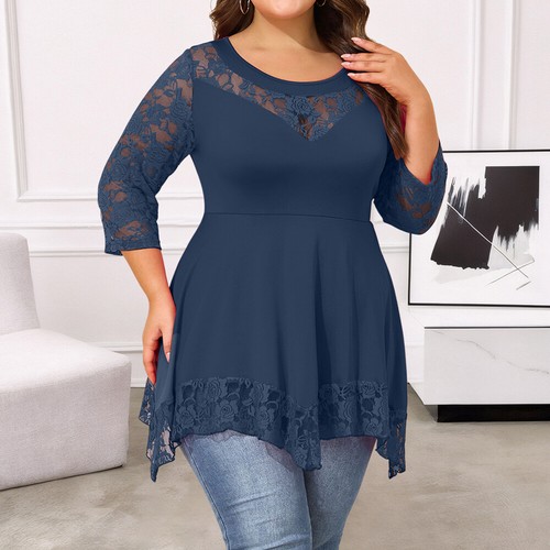 Sexy Women Lace Mesh 3/4 Sleeve Pullover T-Shirt Ladies Casual Blouse Tunic Tops - Picture 14 of 29