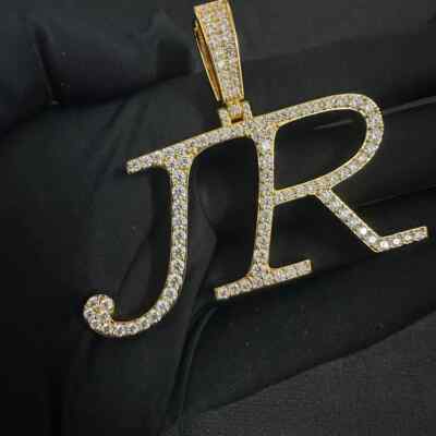 Men's 2 Ct Round Cut Moissanite Custom JR Letter Pendant 14K Yellow Gold Plated
