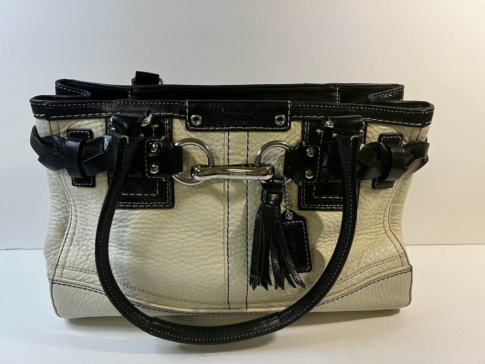 Coach F13084 Hampton White Black Pebble Leather Braid Accent Tassel Carryall