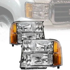 Fit For 2007-2014 GMC Sierra 1500 2500 3500 Clear Chrome Headlights Lamps Pair