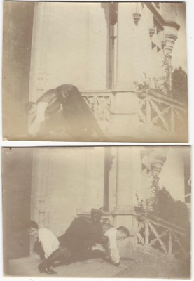 French Men Wrestle Tumbling on Front Stone Steps Two Vintage 1916