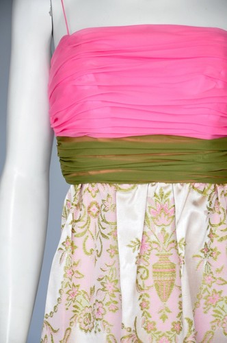 Vintage 1960s Pink Green Floral Satin Brocade Maxi Party Prom Dress Coat Set XS - Picture 4 of 10