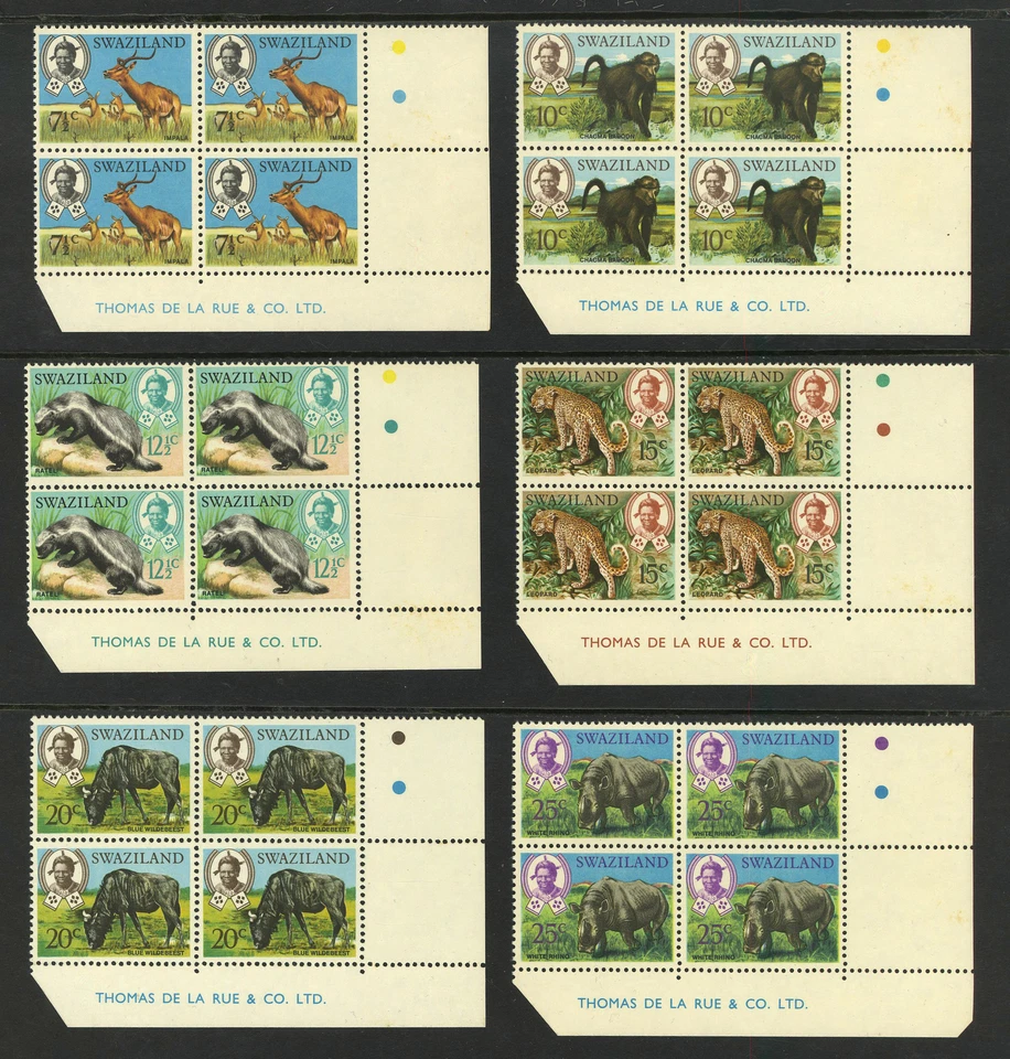 M26086 Swazilandia 1969 SG161/75 Definitivos en IMPRESIÓN bloques de 4 LM en ribete Foto 2 de 2