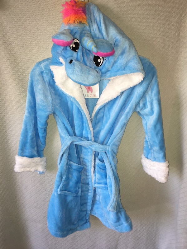 JAX & OLIVIA Solid Baby Blue Unicorn Hooded Warm Fuzzy Cozy Tie FrontRobe Size 7