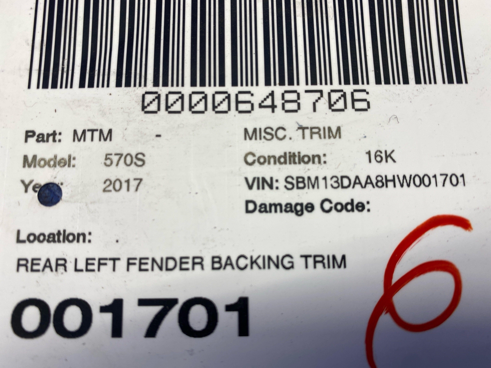 2016-2021 MCLAREN 570S REAR LEFT FENDER BACKING TRIM COVER PANEL 13AA026CP OEM