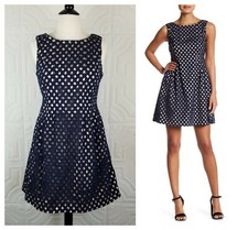 Vince Camuto Signature Pleated Eyelet Navy & Tan Dress