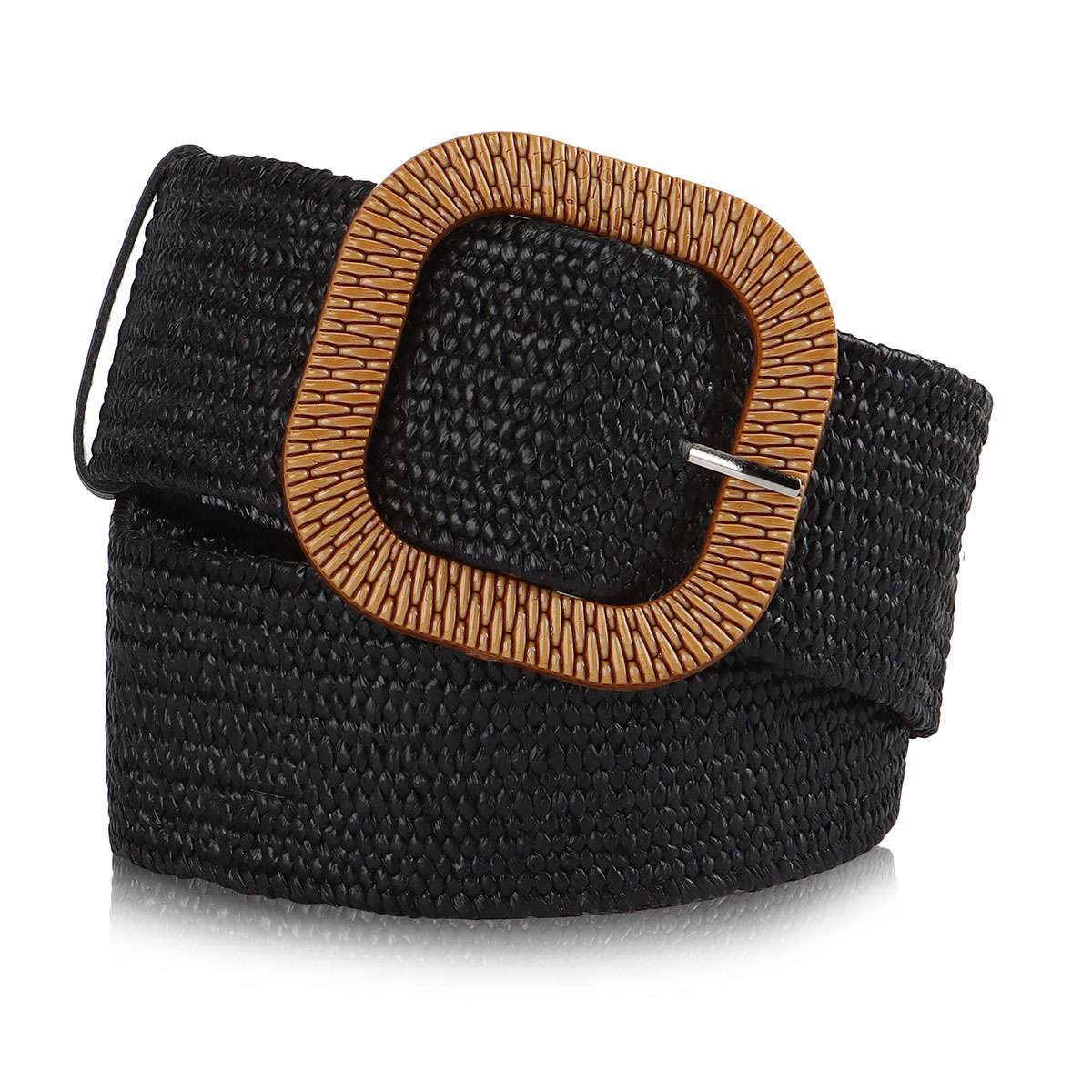 Women Skinny Dress Belt, Fashion Straw Woven Elastic Stretch Waist Band Wood Straw Woven Elastic Stretch Waist Belt Women Skinny Dress  main image 2