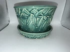 Vintage 40-50s Turquoise McCOY Leaves Hobnail Pot w/ Attached Saucer - Great