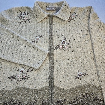 Vtg TanJay Zip Up Sweater Cardigan Medium Floral Embroidered Cottagecore...