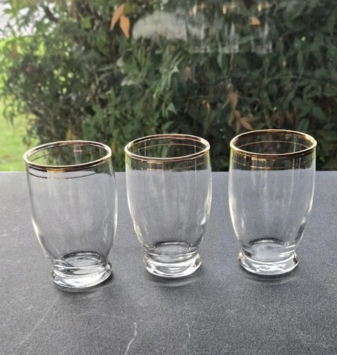 Vintage Federal Clear Juice Glass Double Gold Ringed Rim Footed Set of 3