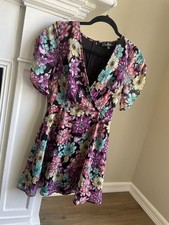 Lulus Black Floral V-Neck Puff Sleeve Lined Zip Back Mini Fit & Flare Dress S
