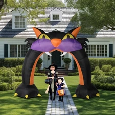 LEADZM  9ft Black Cat Arch with 9 LED Lights Drawstring Bag Inflatable Halloween