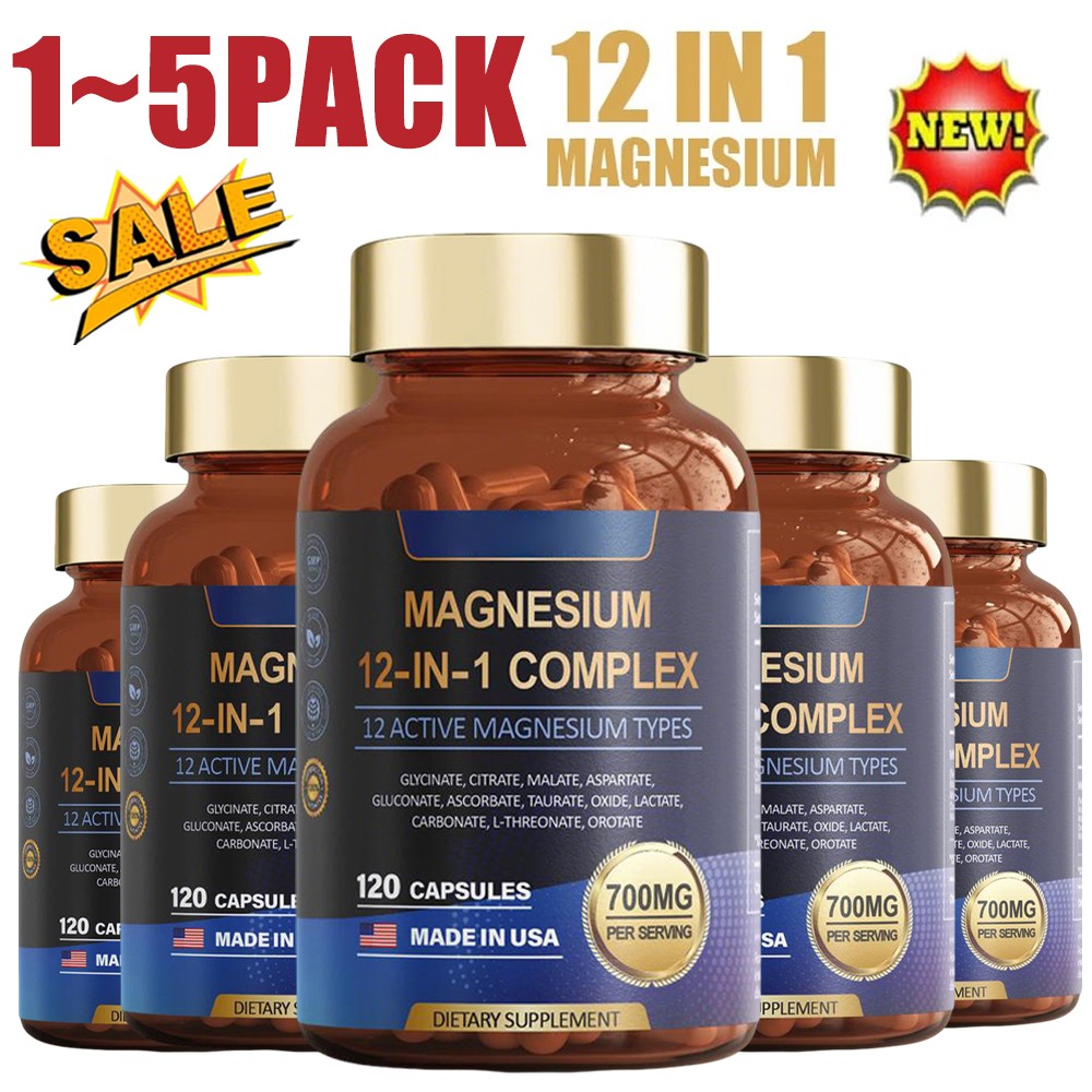 1-5x Magnesio 12 en 1 Complejo 700mg - Glicinato Citrato Malato Taurato 120 Cápsulas