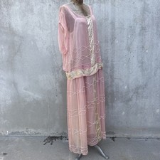 Antique 1920s Pink Silk Chiffon Dress Beaded Waves Oppenheim Collins Vintage