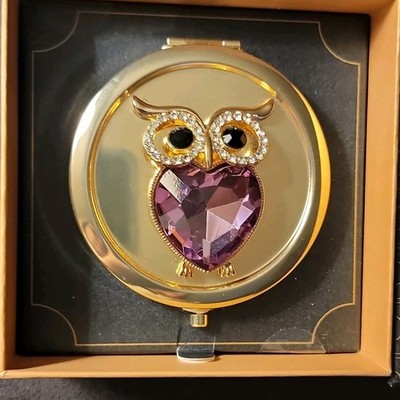 Monet Gold Tone Owl Make-up Compact Mirror  New with Box