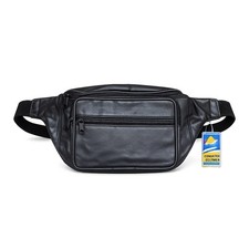 Black Genuine Leather Fanny Pack Large Multi Zippered Waist Bag Design Hip Purse