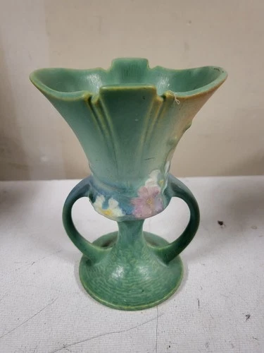 Roseville Green Floral Cosmos Vase  #945 5"