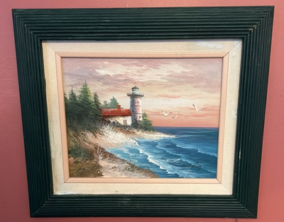 #ad Vtg Framed Oil Painting Lighthouse Beach Seascape M. Farley Signed Art Framed $55.00