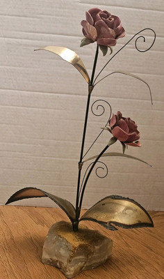 VTG COPPER BRASS METAL ART ROSES ON AGATE 14'' T  BRUTALIST SCULPTURE  DECOR