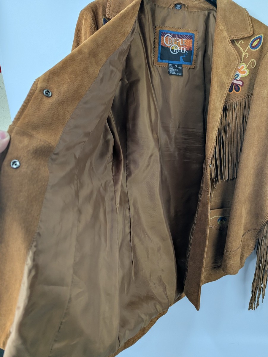 Cripple Creek Floral Embroidery Leather Fringe Jacket Size Medium